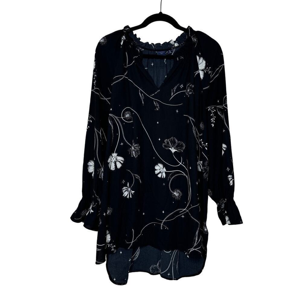 Kaari Blue Black V Neck Elastic Cuff Blouse Top 2X